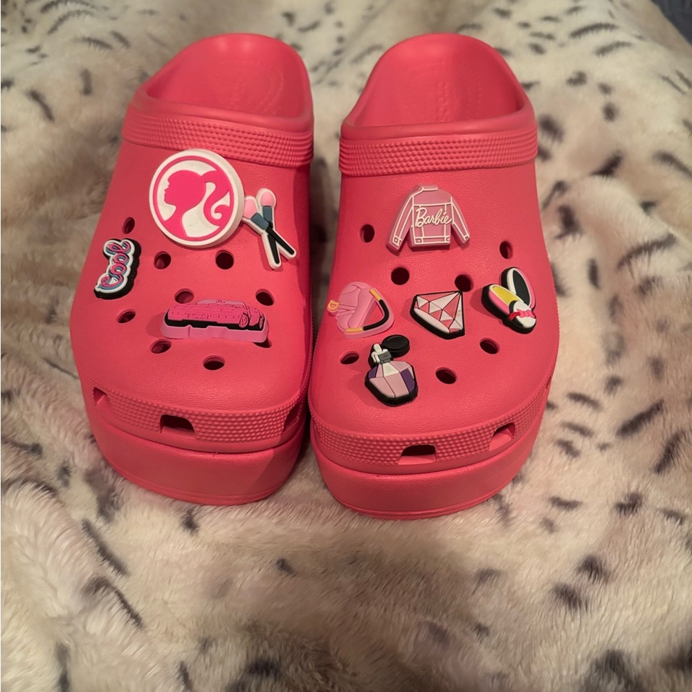 CROCS Vibrant Pink Mules with Fun Charms size 9 women’s worn once